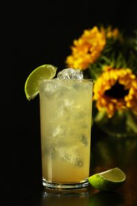 A refreshing ginger ale cocktail with a lime garnish, served on a dark background.