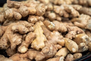 heap of fresh ginger roots on display