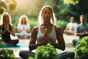 A woman meditates peacefully surrounded by lemon balm plants, reflecting Overview of lemon balm - the plant's use in promoting relaxation and mindfulness.