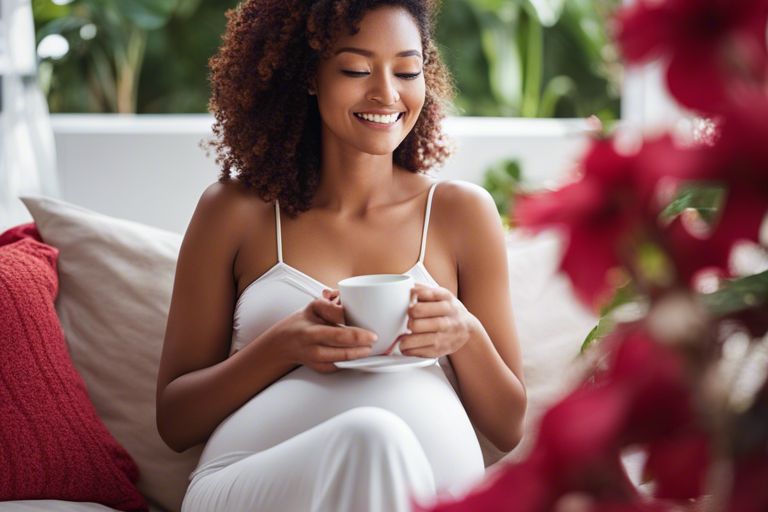 A smiling pregnant woman sitting comfortably on a couch, holding and gently cradling a cup of tea with both hands.