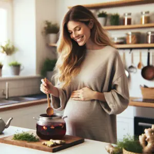 Pregnant woman smiling while making hibiscus tea with ginger in a sunny kitchen