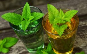 Fresh lemon balm leaves garnishing two glasses of herbal tea, one clear and one amber, on an old wooden table.