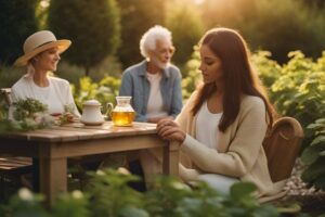 Three generations of women enjoying a sunny garden tea time with a pot of lemon balm tea on the table.