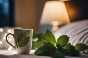 A mug with a lemon balm leaf motif on a bedside table, symbolizing a calming bedtime routine with herbal tea.