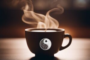 Steaming cup of tea with a yin-yang symbol on it, set against a warm, soft-focus background.