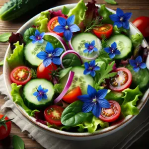 A colorful salad with mixed greens, cherry tomatoes, cucumbers, red onions, and star-shaped blue borage flowers in a white bowl on a wooden table.