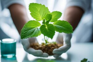 Hands in white gloves carefully holding a young lemon balm plant, symbolizing scientific research and herbal benefits.